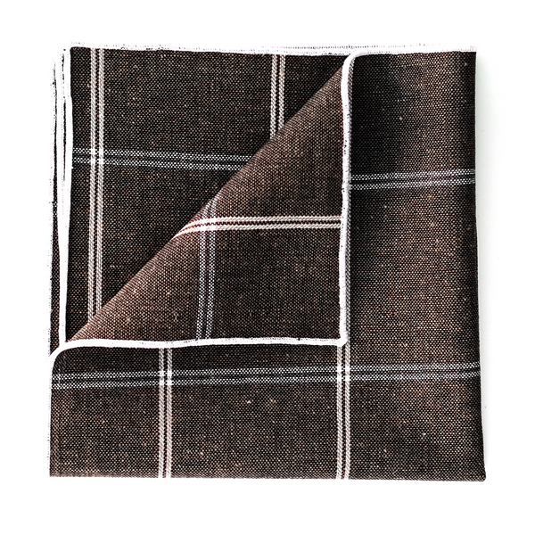Windowpane Cotton & Linen Mix Pocket Square - Brown