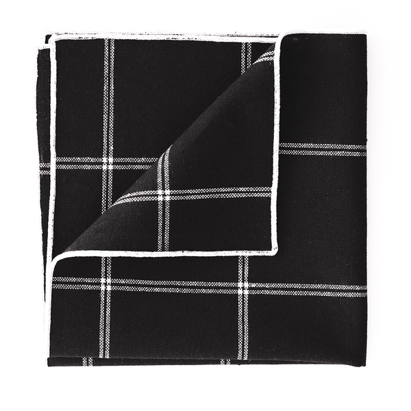 Windowpane Cotton & Linen Mix Pocket Square - Black