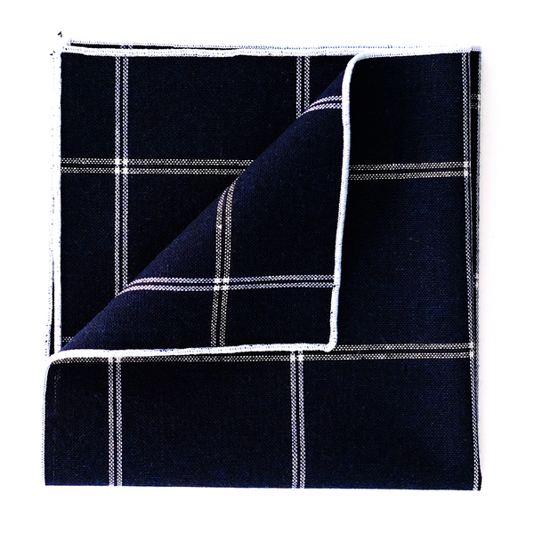 Windowpane Cotton & Linen Mix Pocket Square - Navy Blue
