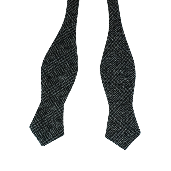 Prince-Of-Wales Diamond Tip Flannel Self Tie Bow Tie - Charcoal Grey