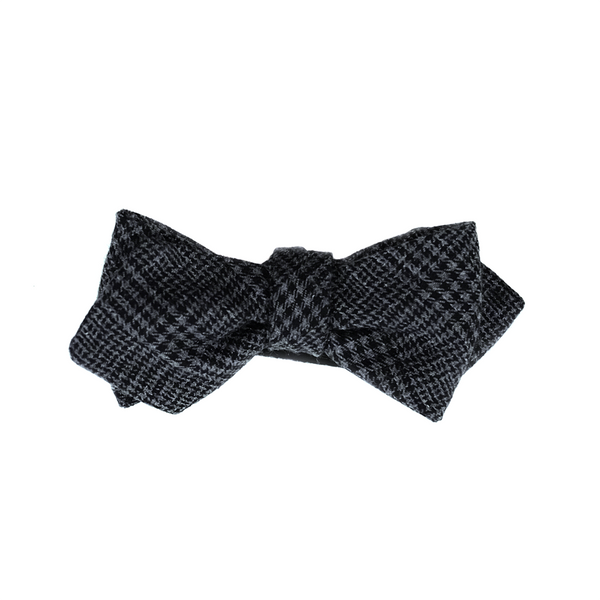 Prince-Of-Wales Diamond Tip Flannel Self Tie Bow Tie - Charcoal Grey