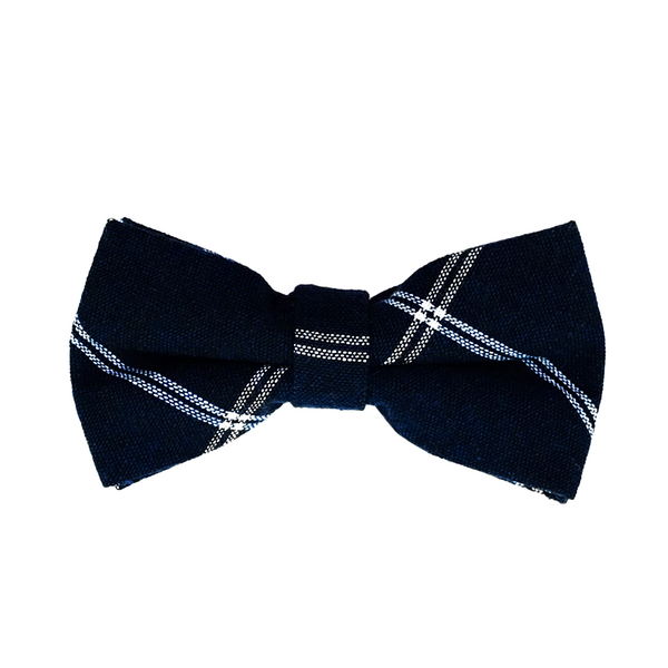 Windowpane Cotton & Linen Mix Pre Tied Bow Tie - Navy Blue