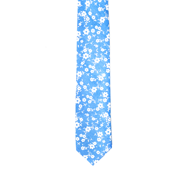 Floral Chambray Cotton Necktie - Sky Blue
