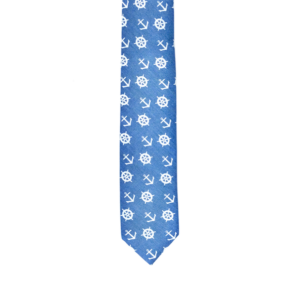 Nautical Chambray Cotton Necktie - Ships Wheel Blue