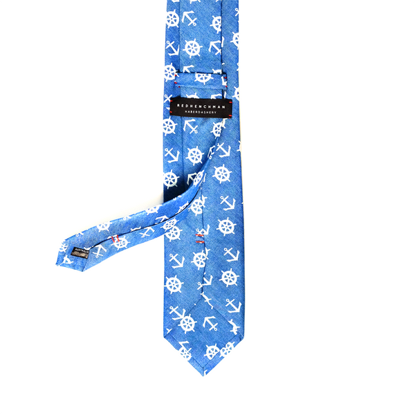 Nautical Chambray Cotton Necktie - Ships Wheel Blue