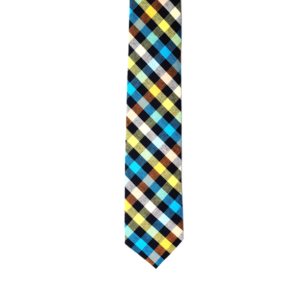 Checkered Cotton Necktie - Cyan & Yellow