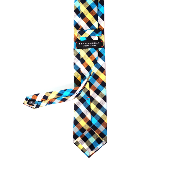 Checkered Cotton Necktie - Cyan & Yellow