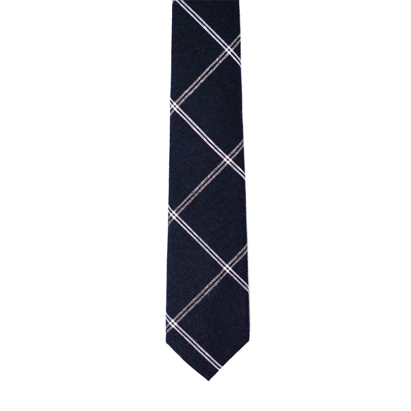Windowpane Cotton & Linen Mix Necktie - Navy Blue