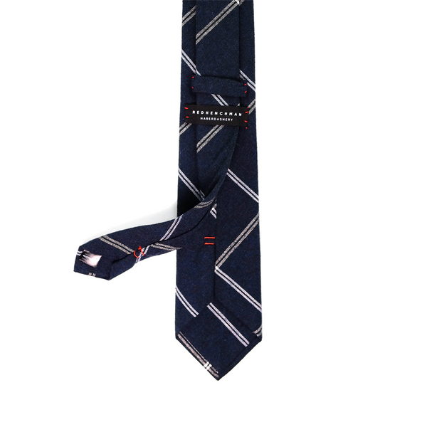 Windowpane Cotton & Linen Mix Necktie - Navy Blue