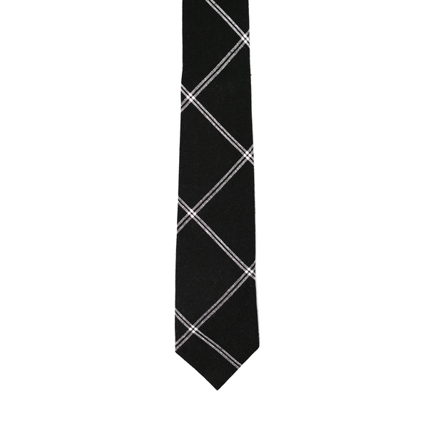 Windowpane Cotton & Linen Mix Necktie - Black