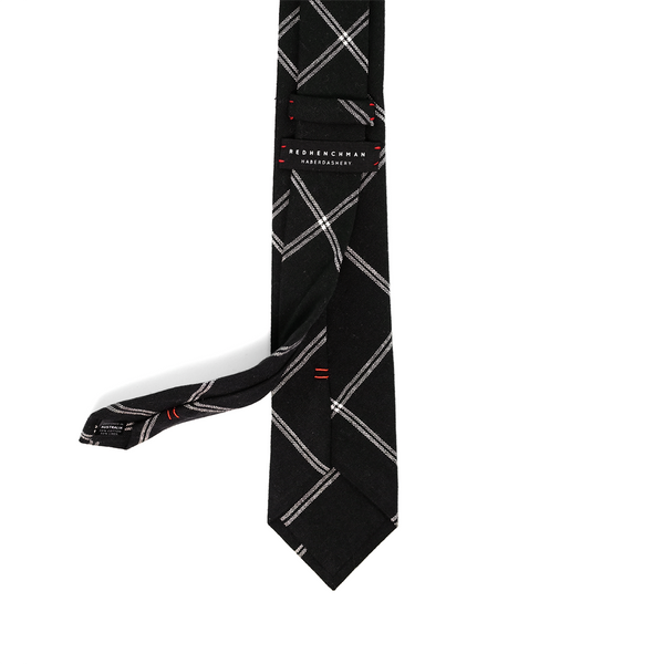 Windowpane Cotton & Linen Mix Necktie - Black