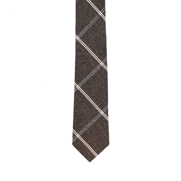 Windowpane Cotton & Linen Mix Necktie - Brown