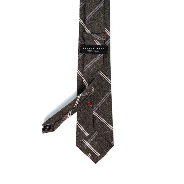 Windowpane Cotton & Linen Mix Necktie - Brown