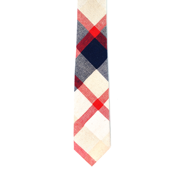 Bold Checkered Cotton & Linen Mix Necktie - Navy & Red