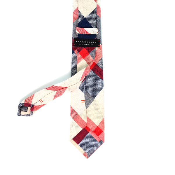 Bold Checkered Cotton & Linen Mix Necktie - Navy & Red