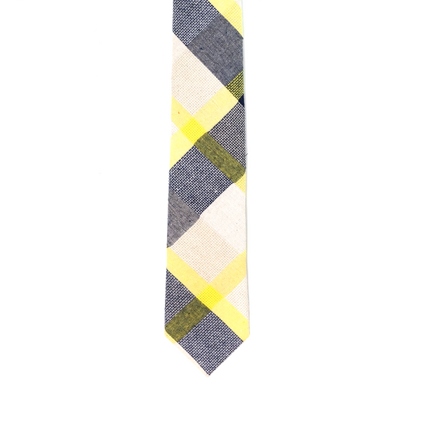 Bold Checkered Cotton & Linen Mix Necktie - Navy & Yellow