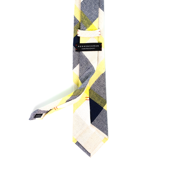 Bold Checkered Cotton & Linen Mix Necktie - Navy & Yellow