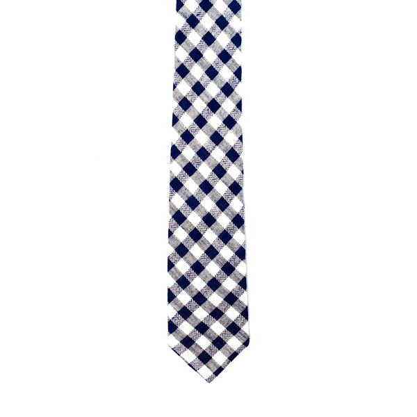 Checkered Cotton & Linen Mix Necktie - Navy Blue