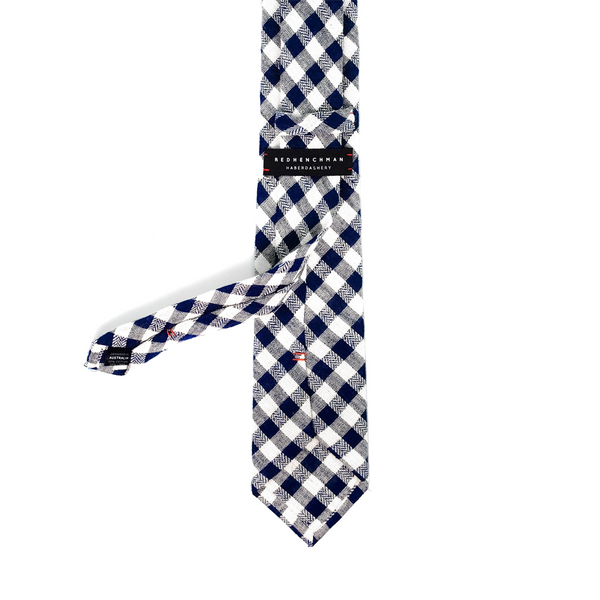 Checkered Cotton & Linen Mix Necktie - Navy Blue