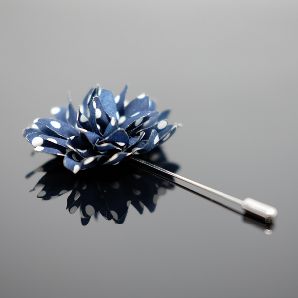 Lapel Pin Dahlia Boutonniere Polka Dot - Navy Blue