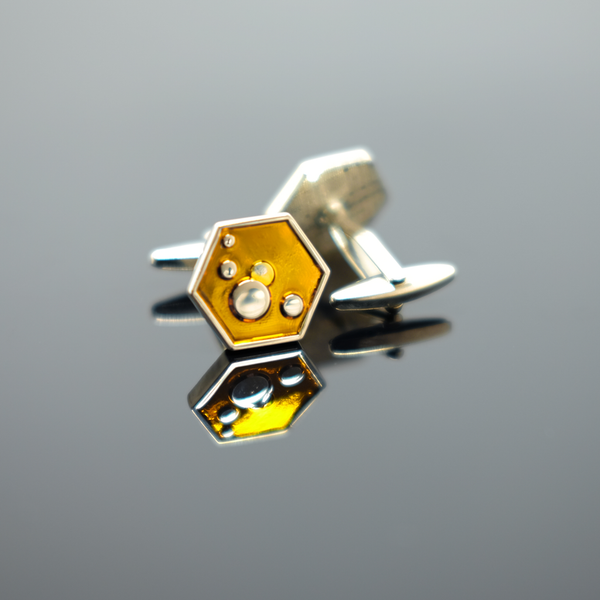 Hexagon Enamel Cufflink - Polished Silver & Amber