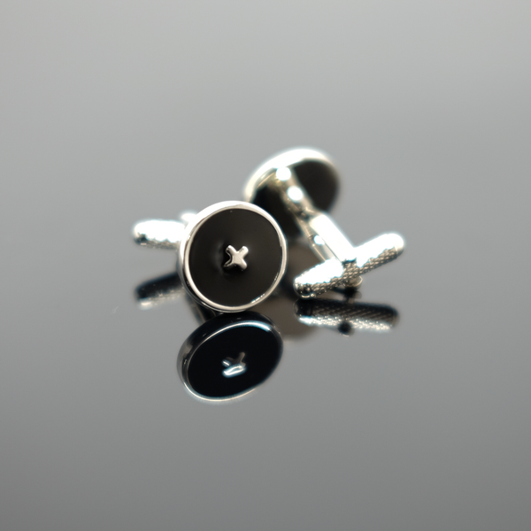 Enamel Button Cufflink - Polished Silver