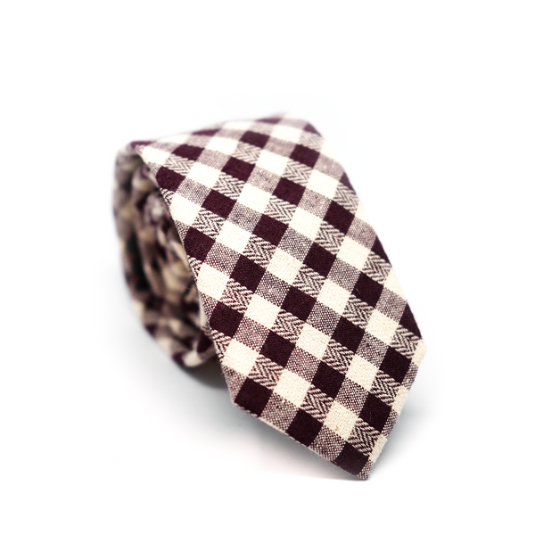 Checkered Cotton & Linen Mix Necktie - Brown