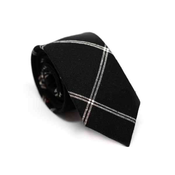 Windowpane Cotton & Linen Mix Necktie - Black