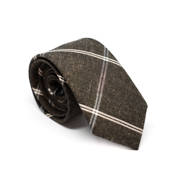 Windowpane Cotton & Linen Mix Necktie - Brown