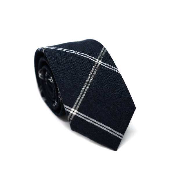 Windowpane Cotton & Linen Mix Necktie - Navy Blue