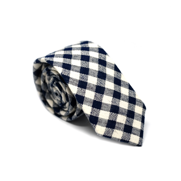 Checkered Cotton & Linen Mix Necktie - Navy Blue