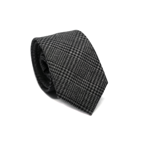 Prince-Of-Wales Cotton & Linen Mix Necktie - Charcoal Grey