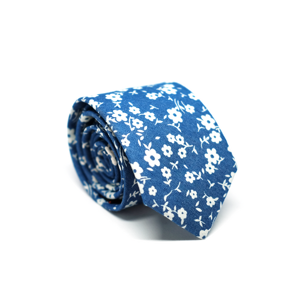 Floral Chambray Cotton Necktie - Blue