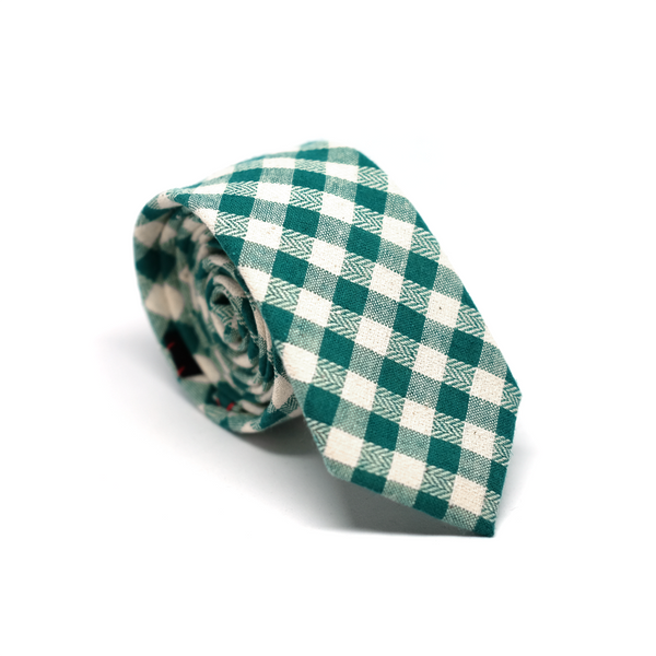 Checkered Cotton & Linen Mix Necktie - Green