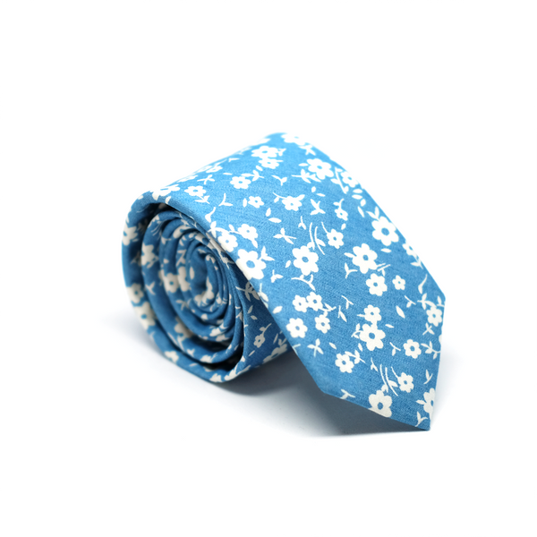 Floral Chambray Cotton Necktie - Sky Blue