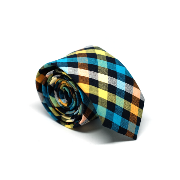 Checkered Cotton Necktie - Cyan & Yellow