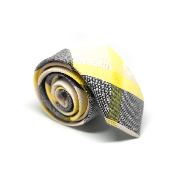 Bold Checkered Cotton & Linen Mix Necktie - Navy & Yellow