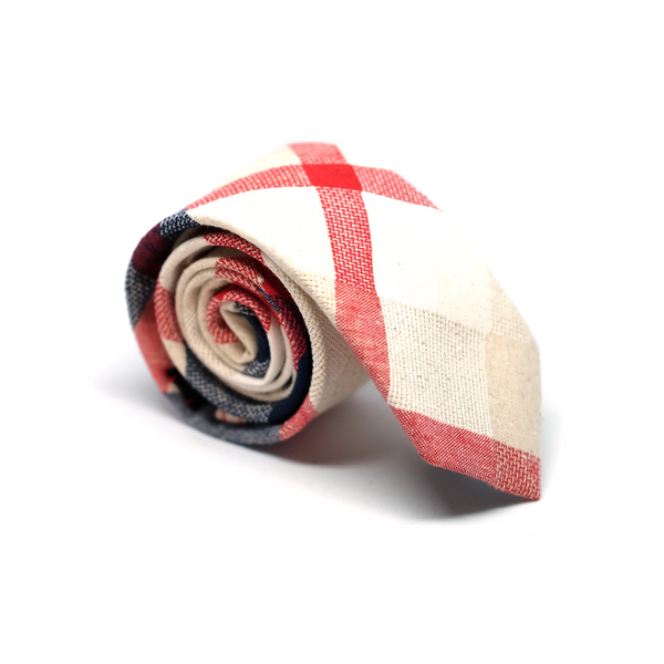 Bold Checkered Cotton & Linen Mix Necktie - Navy & Red