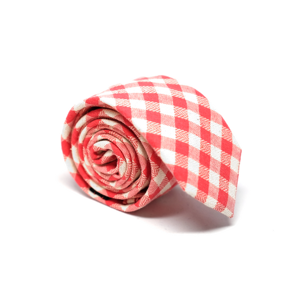 Checkered Cotton & Linen Mix Necktie - Pink