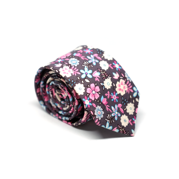 Calico Floral Cotton Necktie - Grey