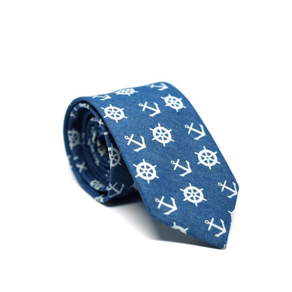 Nautical Chambray Cotton Necktie - Ships Wheel Blue